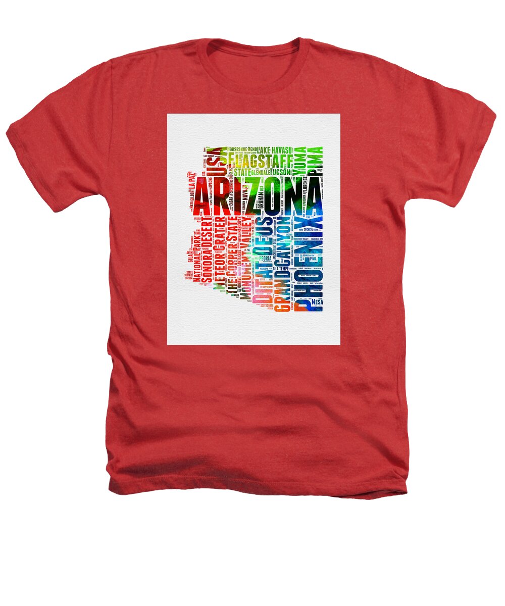 Arizona Heathers T-Shirt featuring the digital art Arizona Watercolor Word Cloud Map by Naxart Studio