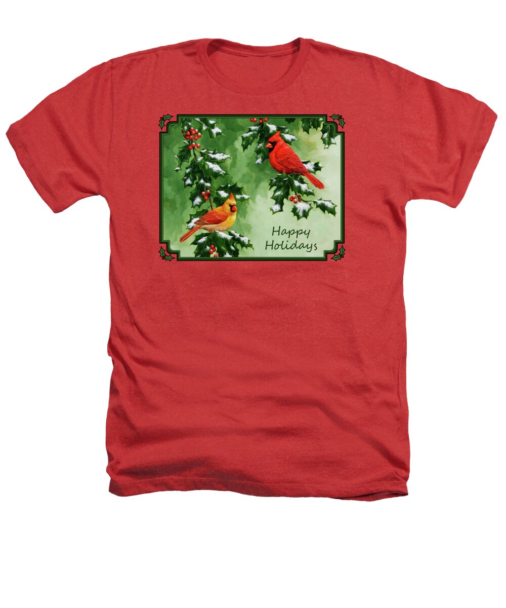 Birds Heathers T-Shirt featuring the painting Cardinals Holiday Card - Version with snow by Crista Forest