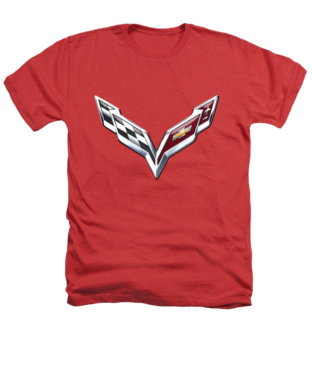 'wheels Of Fortune' Collection By Serge Averbukh Heathers T-Shirt featuring the photograph Chevrolet Corvette - 3d Badge On Red by Serge Averbukh