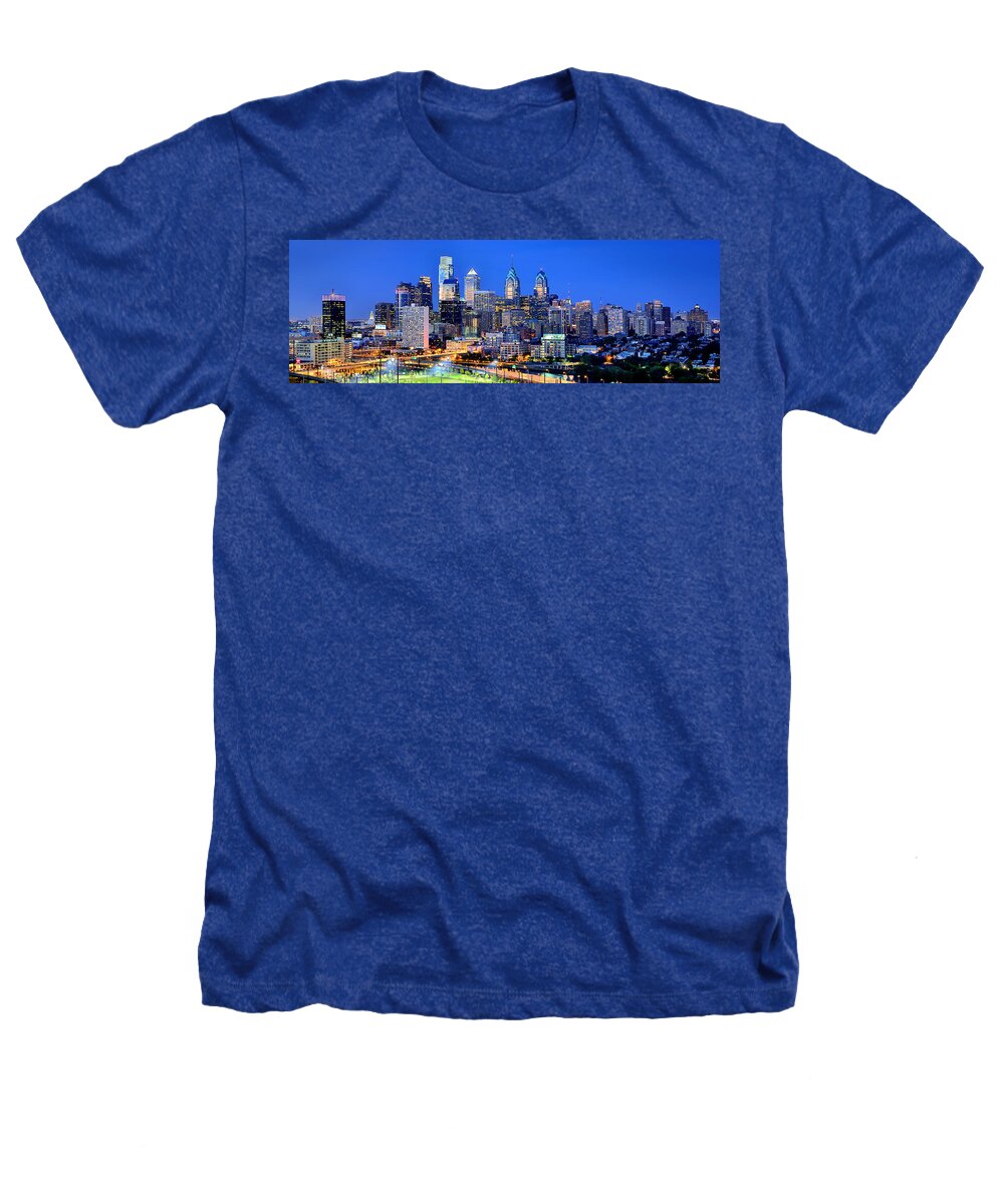 Philadelphia Skyline Heathers T-Shirt featuring the photograph Philadelphia Skyline at Night Evening Panorama by Jon Holiday