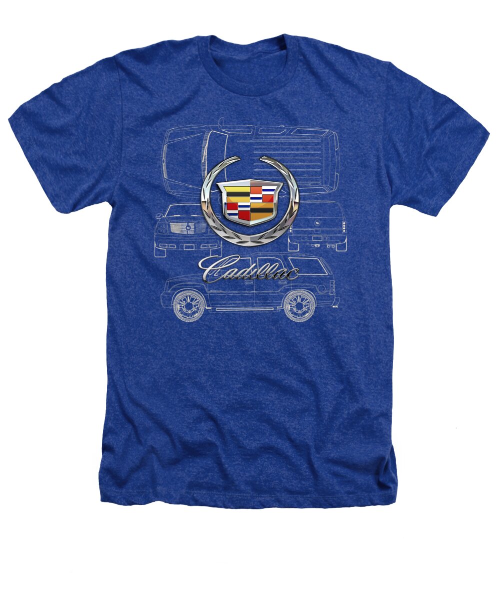 'wheels Of Fortune' By Serge Averbukh Heathers T-Shirt featuring the photograph Cadillac 3 D Badge over Cadillac Escalade Blueprint #2 by Serge Averbukh