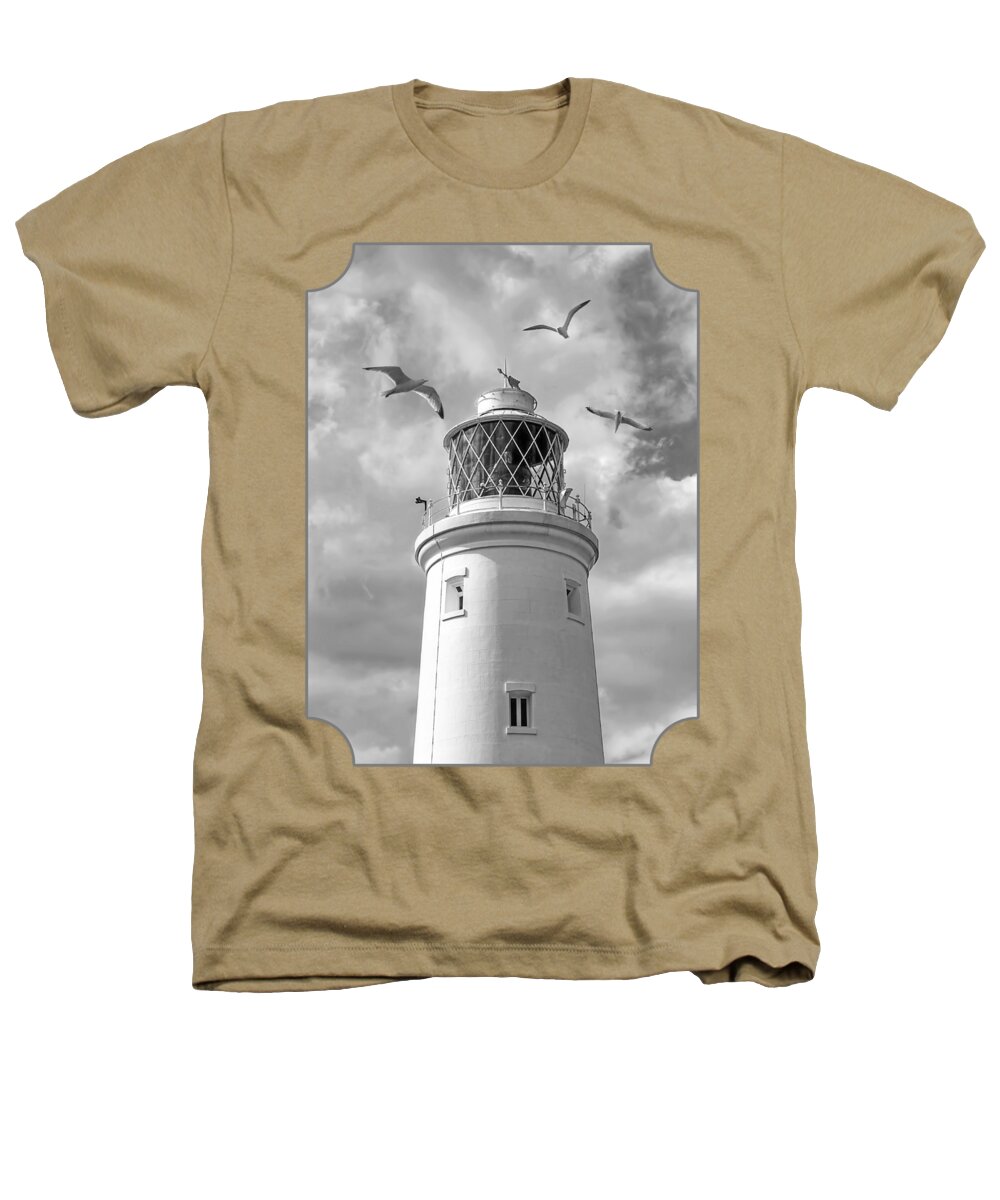 Coastal Scene Heathers T-Shirt featuring the photograph Fly Past - Seagulls Round Southwold Lighthouse in Black and White by Gill Billington