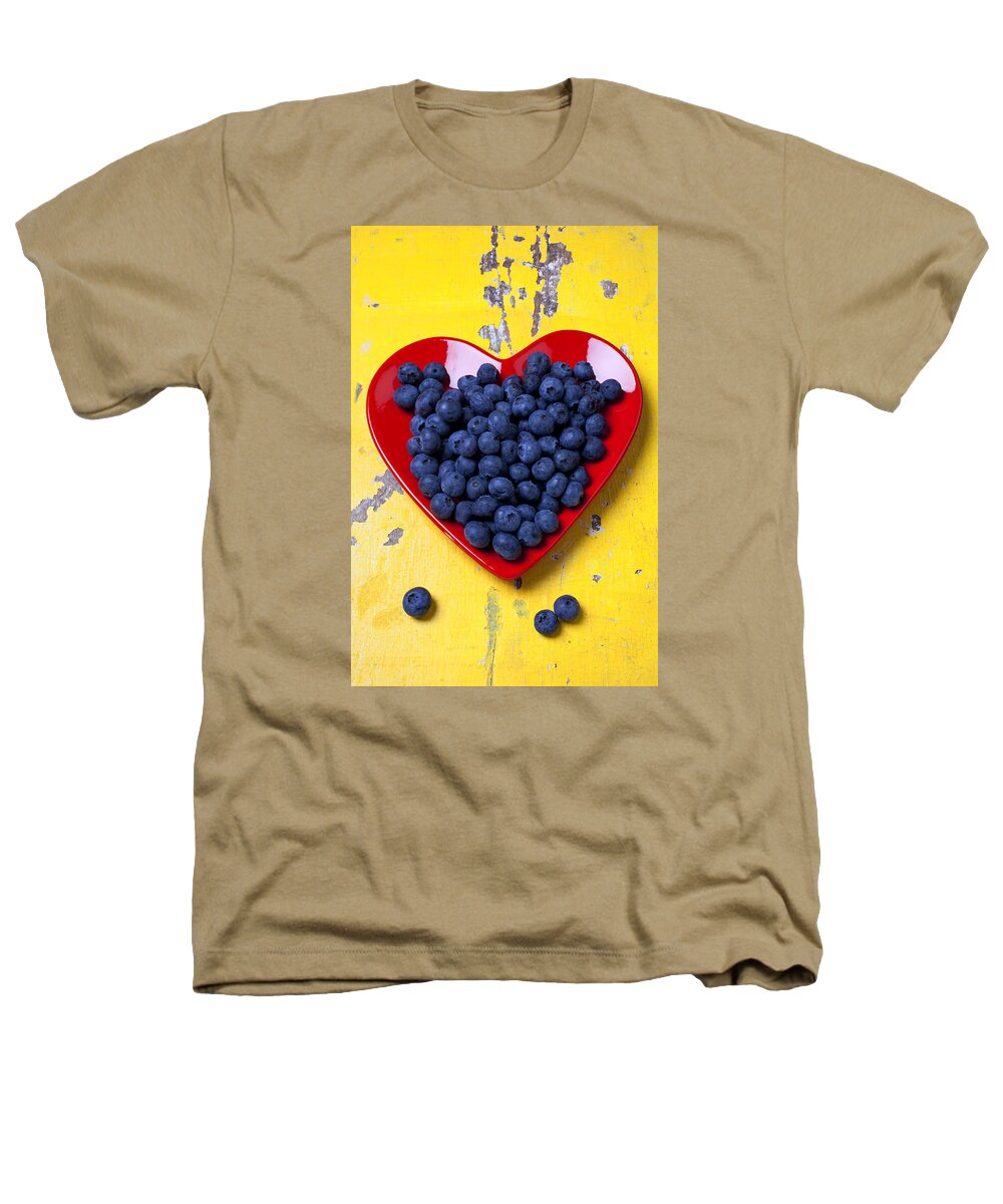 Red Heart Shaped Plate Heathers T-Shirt featuring the photograph Red heart plate with blueberries by Garry Gay