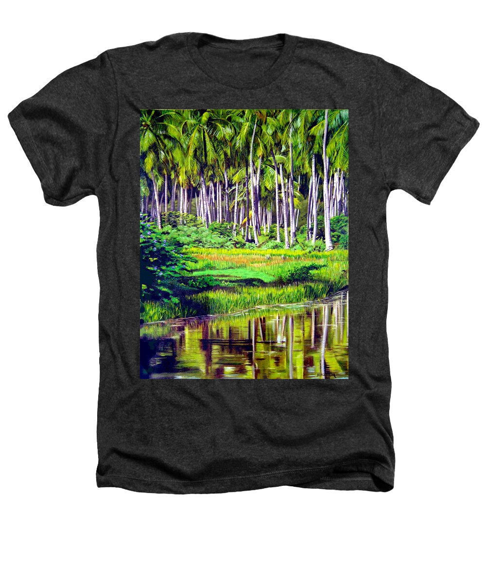 Coconuts Water River Green Art Tropical Heathers T-Shirt featuring the painting Coconuts Trees by Jose Manuel Abraham