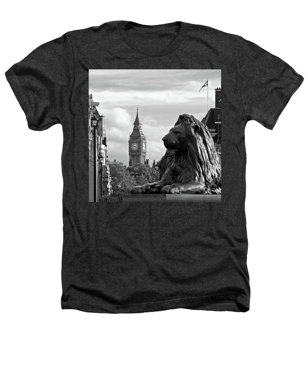London Heathers T-Shirt featuring the photograph Trafalgar Square Lion with Big Ben in Black and White by Gill Billington