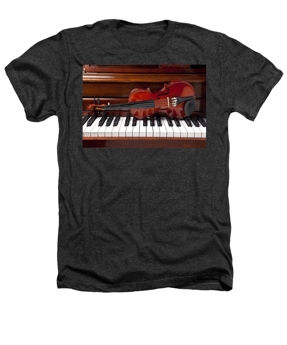 Violin Heathers T-Shirt featuring the photograph Violin on piano by Garry Gay