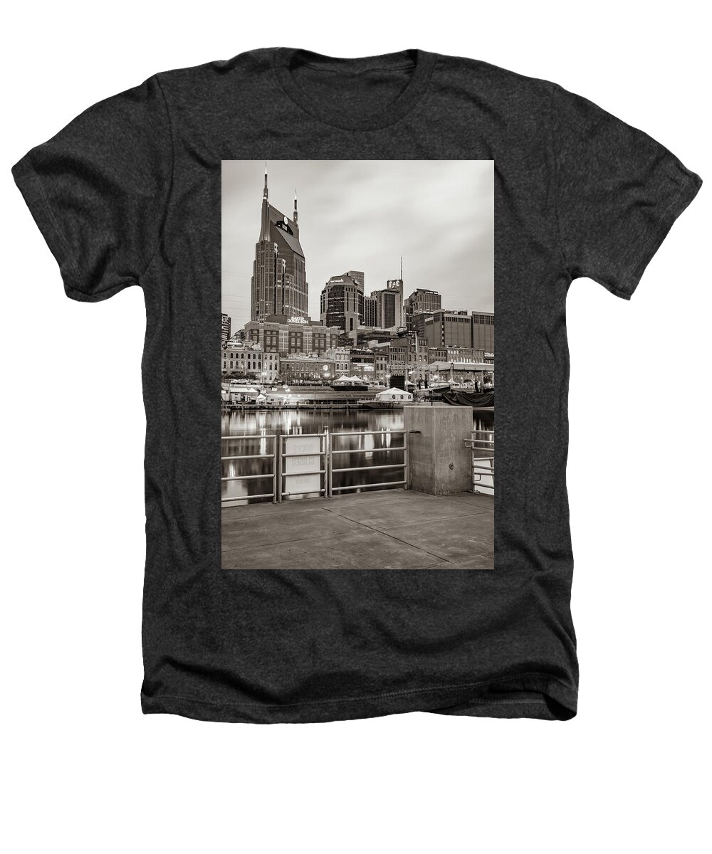 America Heathers T-Shirt featuring the photograph Nashville Skyline From Cumberland River Dock - Sepia by Gregory Ballos