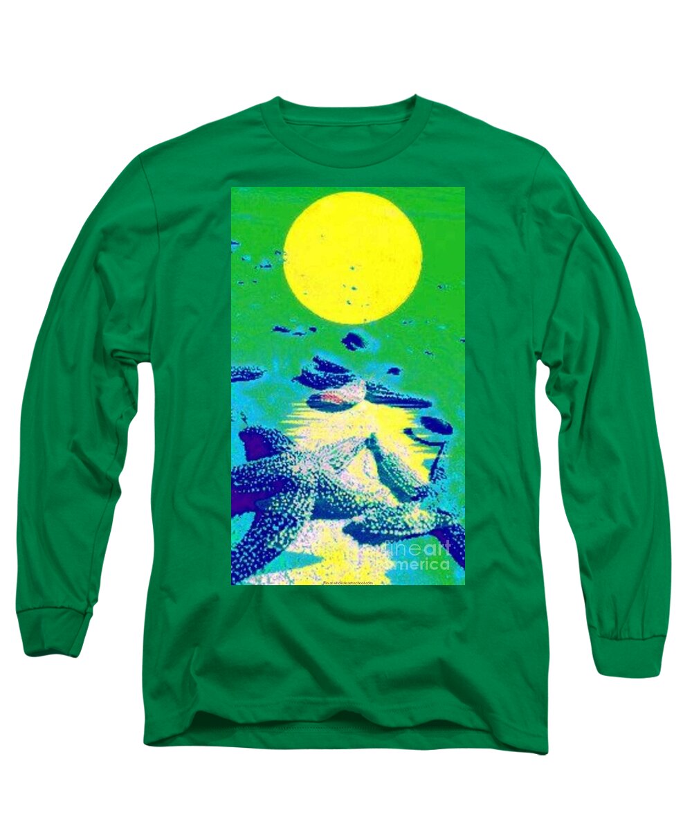 Blue Starfish Long Sleeve T-Shirt featuring the painting Blue Starfish Yellow Moon by PainterArtist FIN