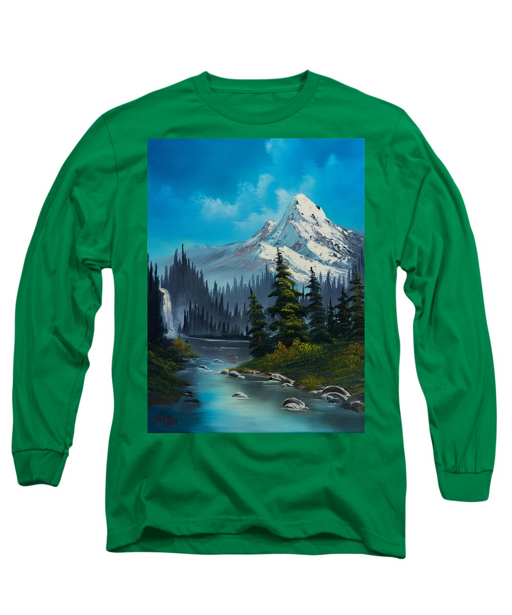 Landscape Long Sleeve T-Shirt featuring the painting Cascading Falls by Chris Steele
