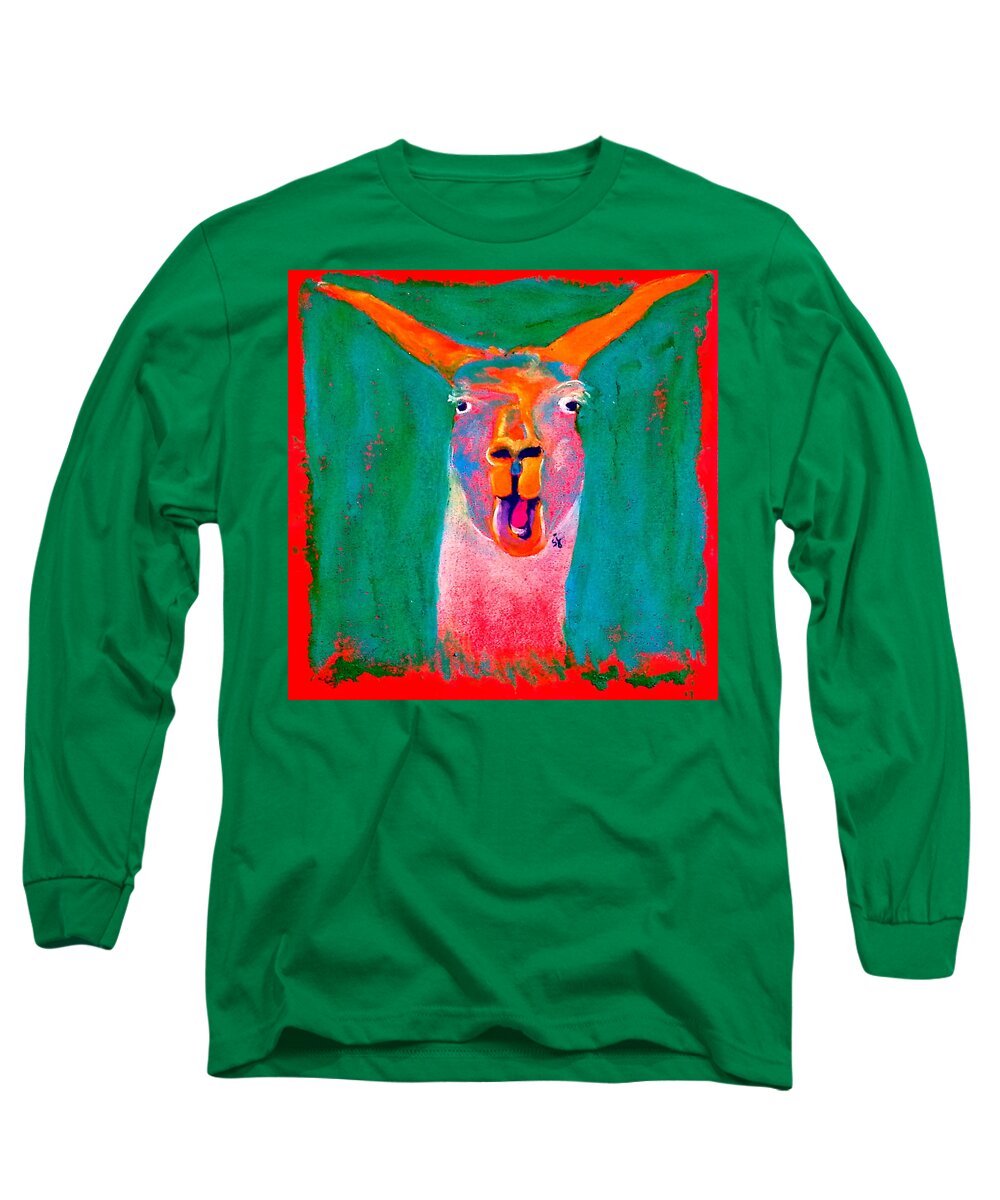 Art Long Sleeve T-Shirt featuring the painting Funky Llama Art Print by Sue Jacobi