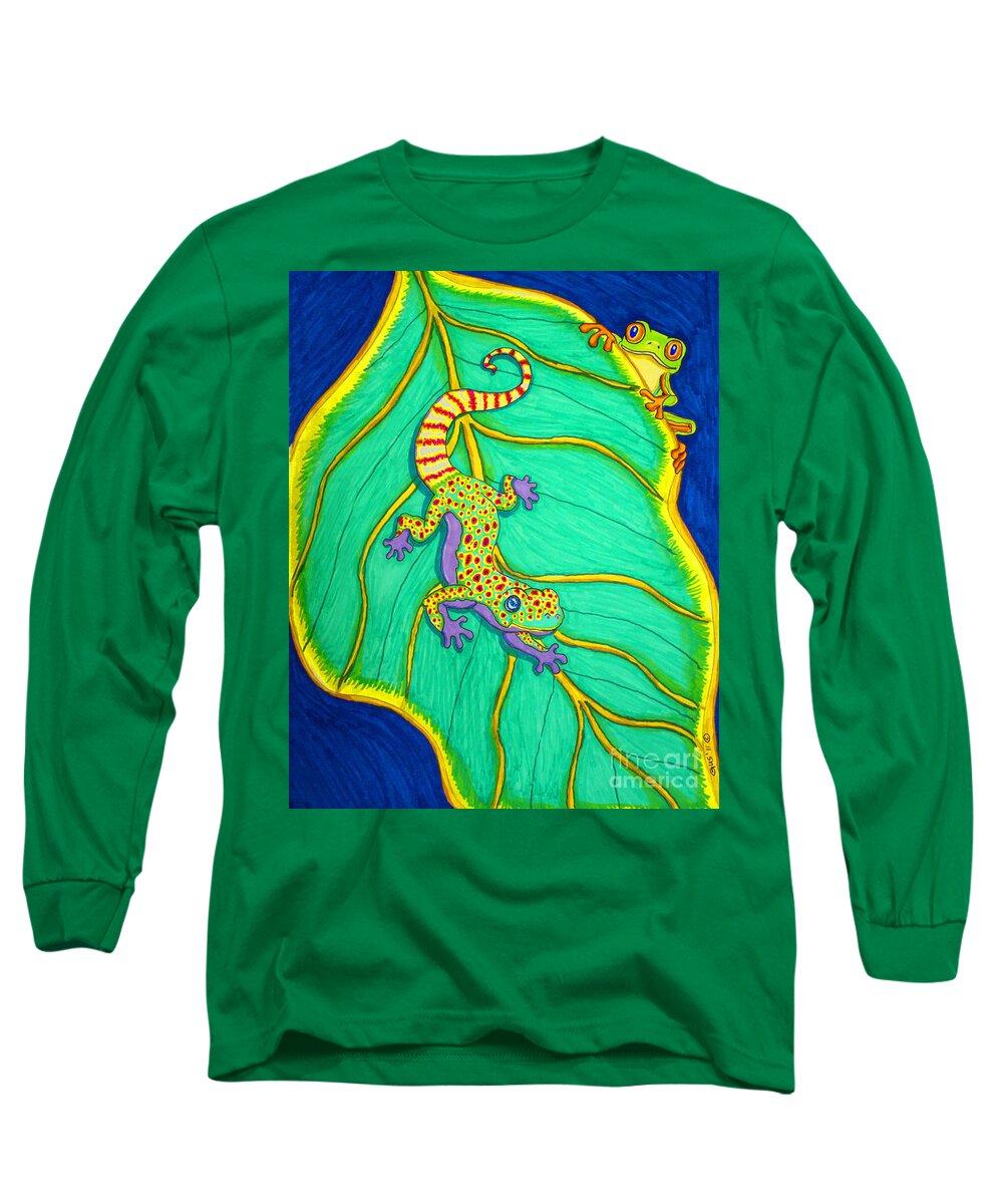 Gecko Long Sleeve T-Shirt featuring the drawing Gecko and Frog by Nick Gustafson