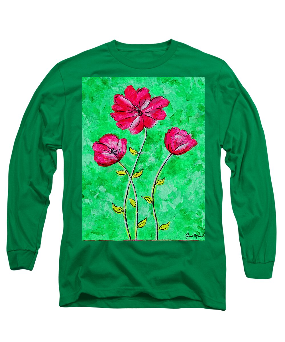Red Flowers Long Sleeve T-Shirt featuring the painting In Full Bloom by Jan Marvin by Jan Marvin