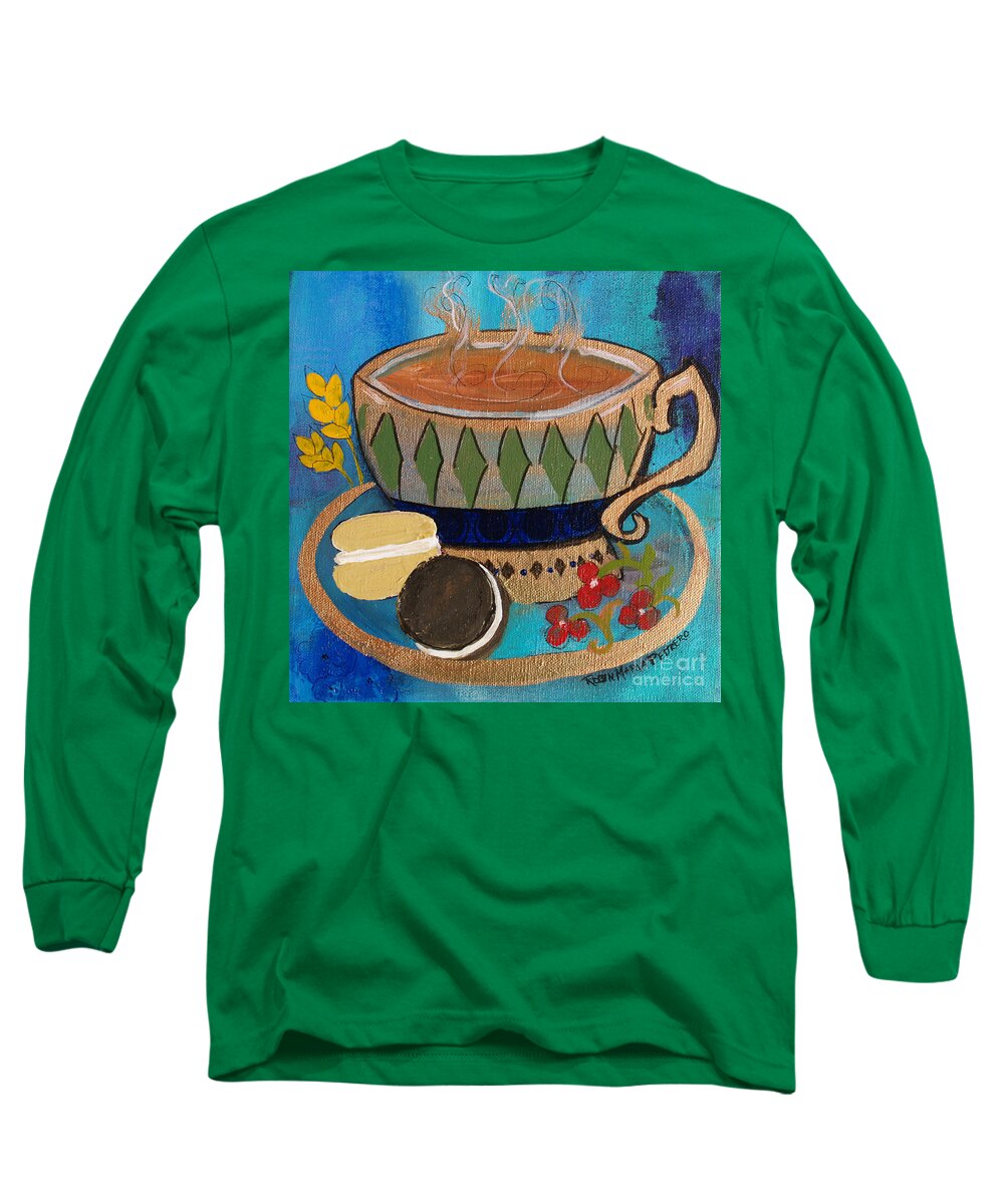 Cup Long Sleeve T-Shirt featuring the painting Macaroons and Tea by Robin Pedrero