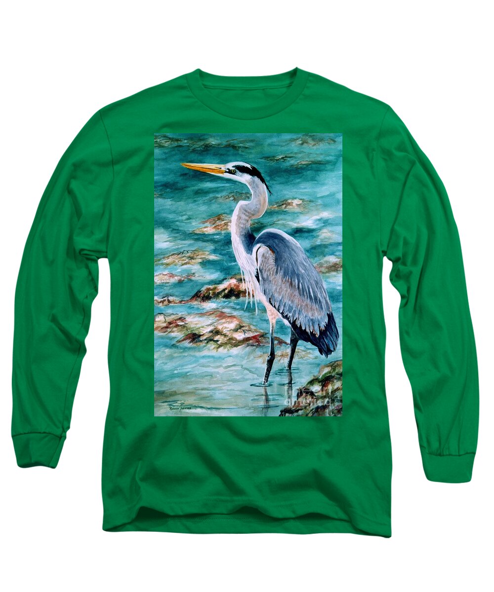 Great Blue Heron Long Sleeve T-Shirt featuring the painting On the Rocks Great Blue Heron by Roxanne Tobaison