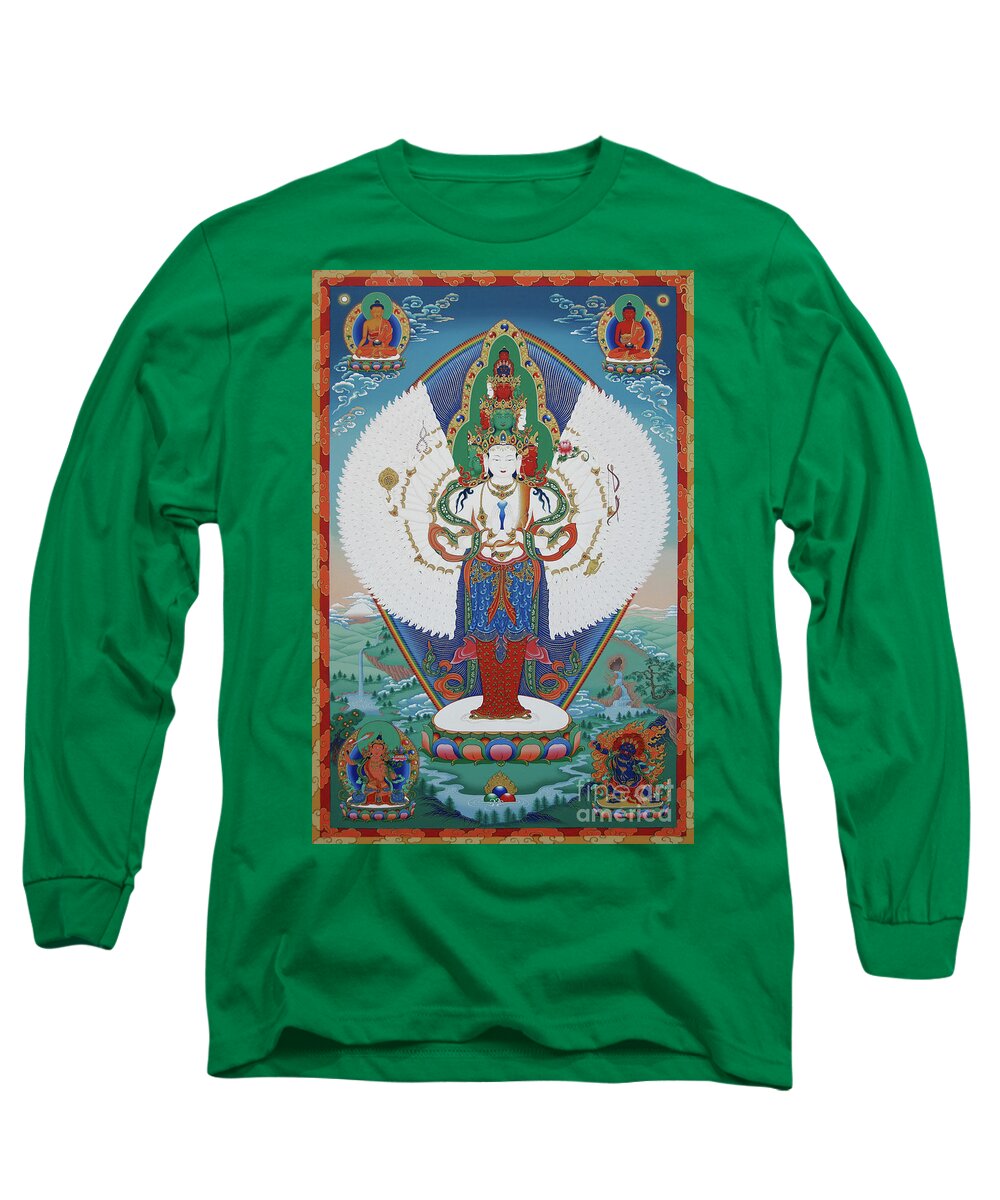 Chenrezig Long Sleeve T-Shirt featuring the painting Avalokiteshvara Lord of Compassion by Sergey Noskov