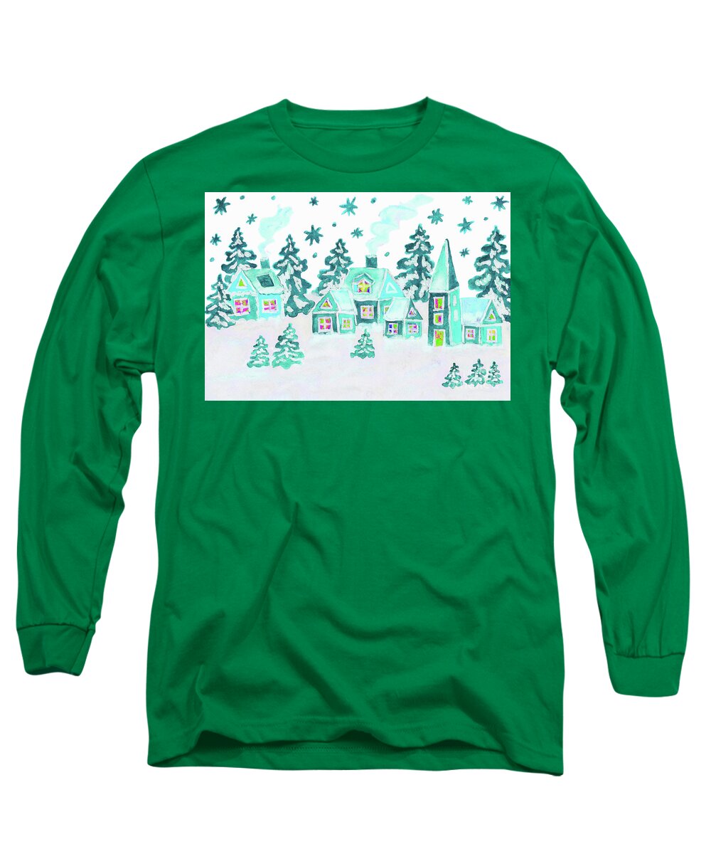 Christmas Long Sleeve T-Shirt featuring the painting Christmas picture in blue colours by Irina Afonskaya