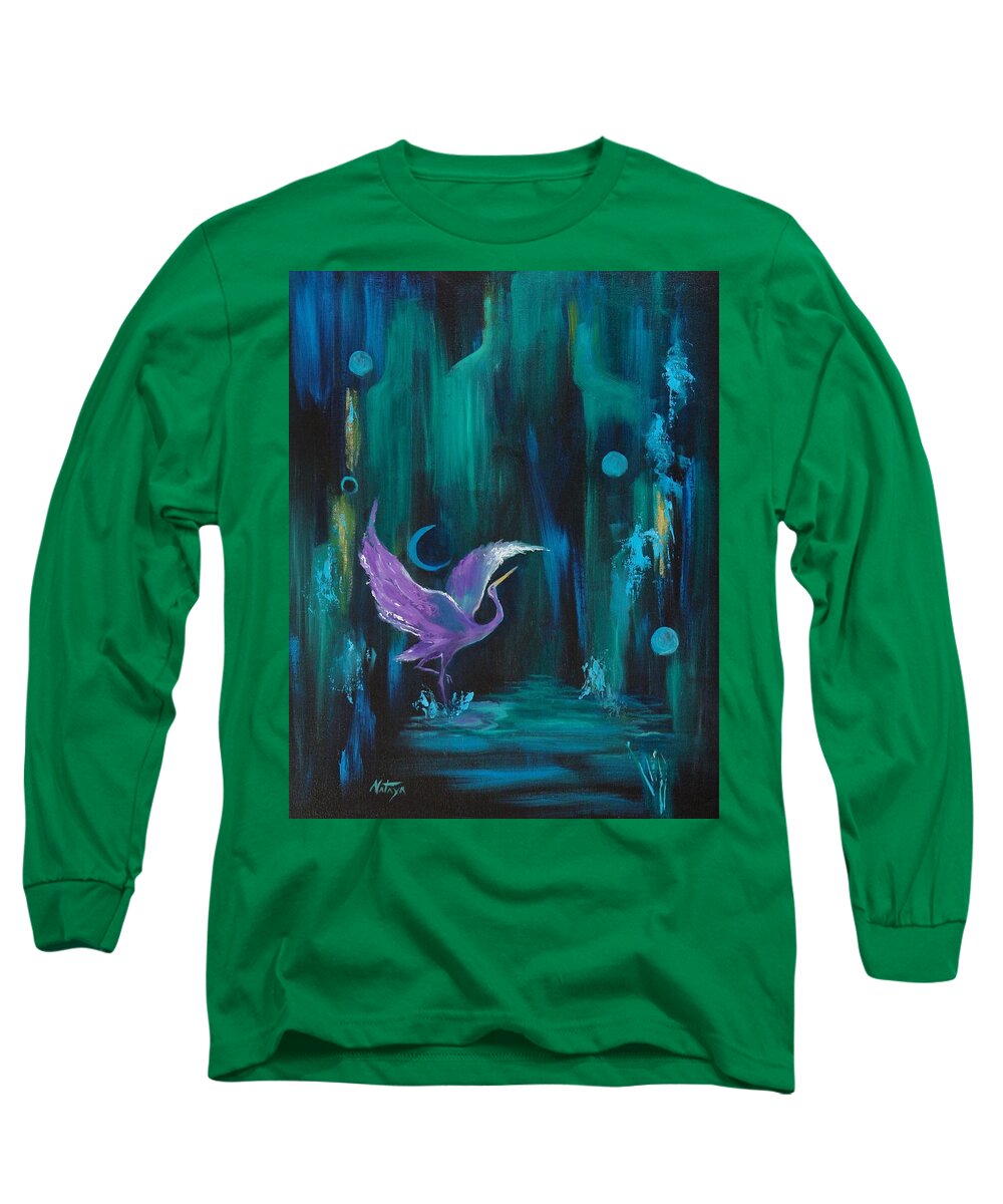 Crane Long Sleeve T-Shirt featuring the painting Dancing In The Dark by Nataya Crow