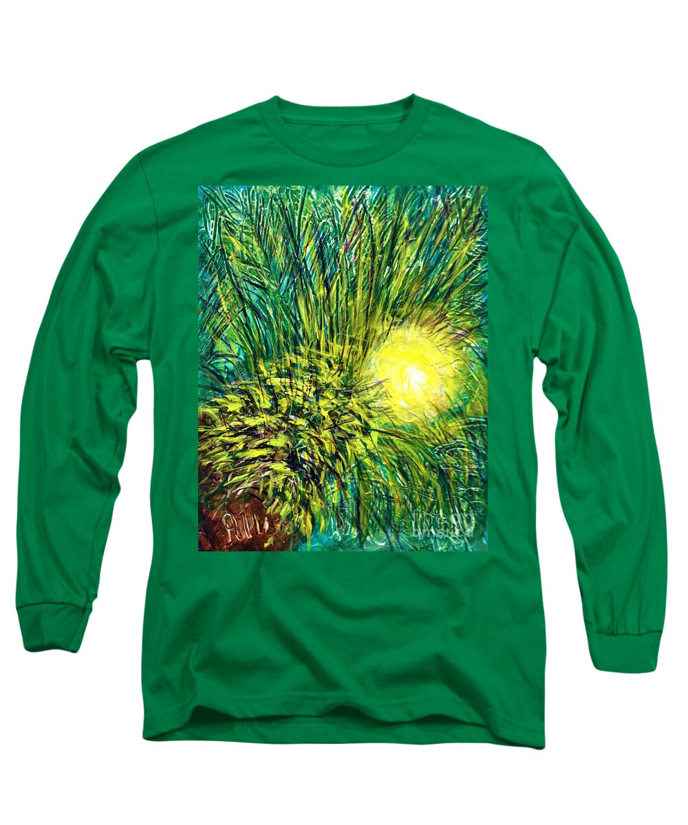#palms #palmfronds #trees #sunlight #mtdora #florida #ferns #landscapes Long Sleeve T-Shirt featuring the painting Palm Sunburst by Allison Constantino