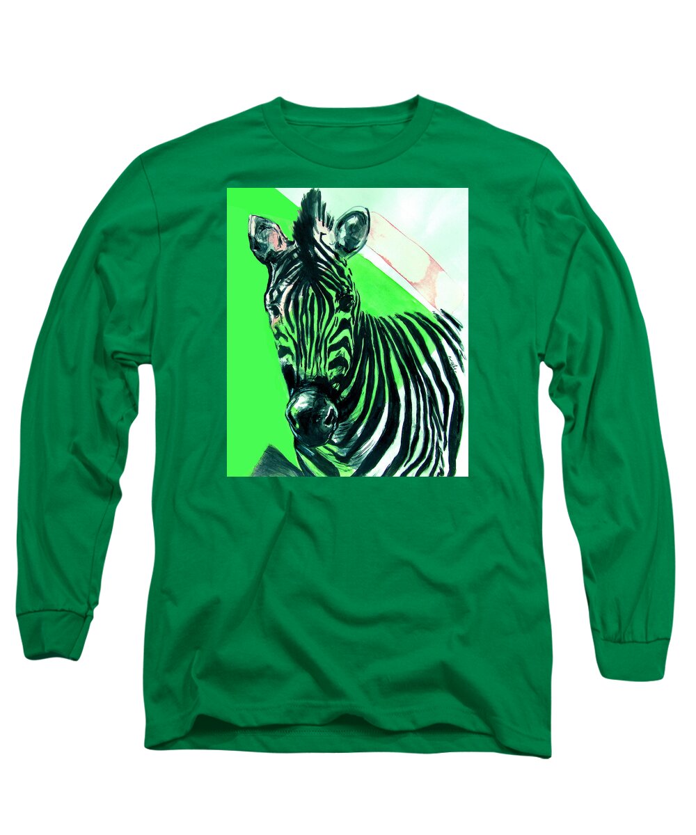 Zebra Long Sleeve T-Shirt featuring the painting Zebra in Green by Rene Capone