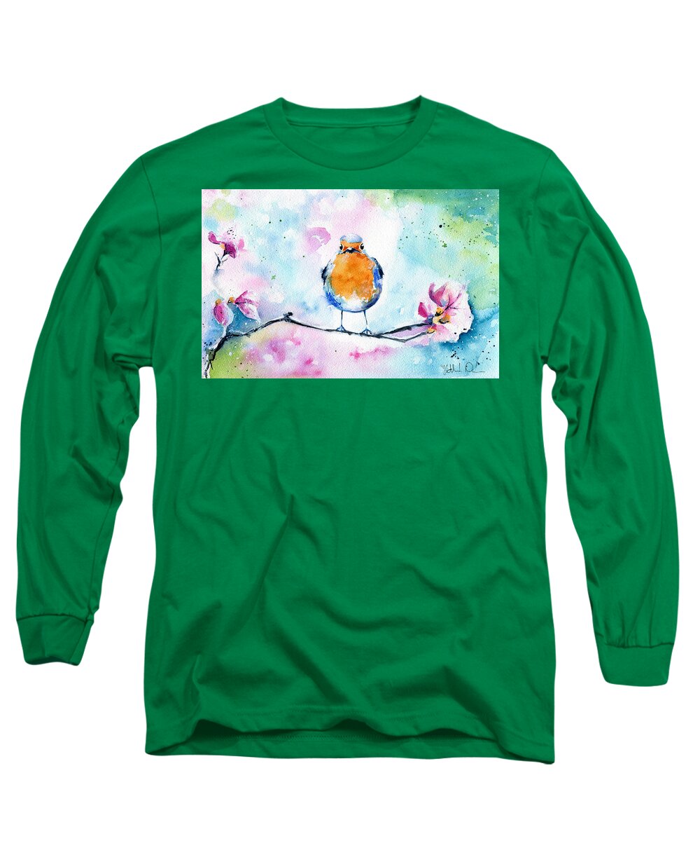 Robin Long Sleeve T-Shirt featuring the painting Robin by Dora Hathazi Mendes