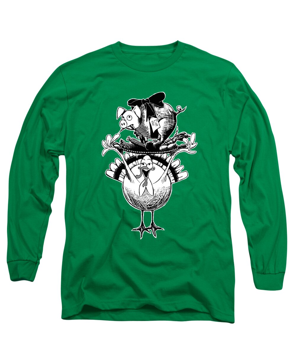 Pig Long Sleeve T-Shirt featuring the digital art Turkey and Pig by Konni Jensen