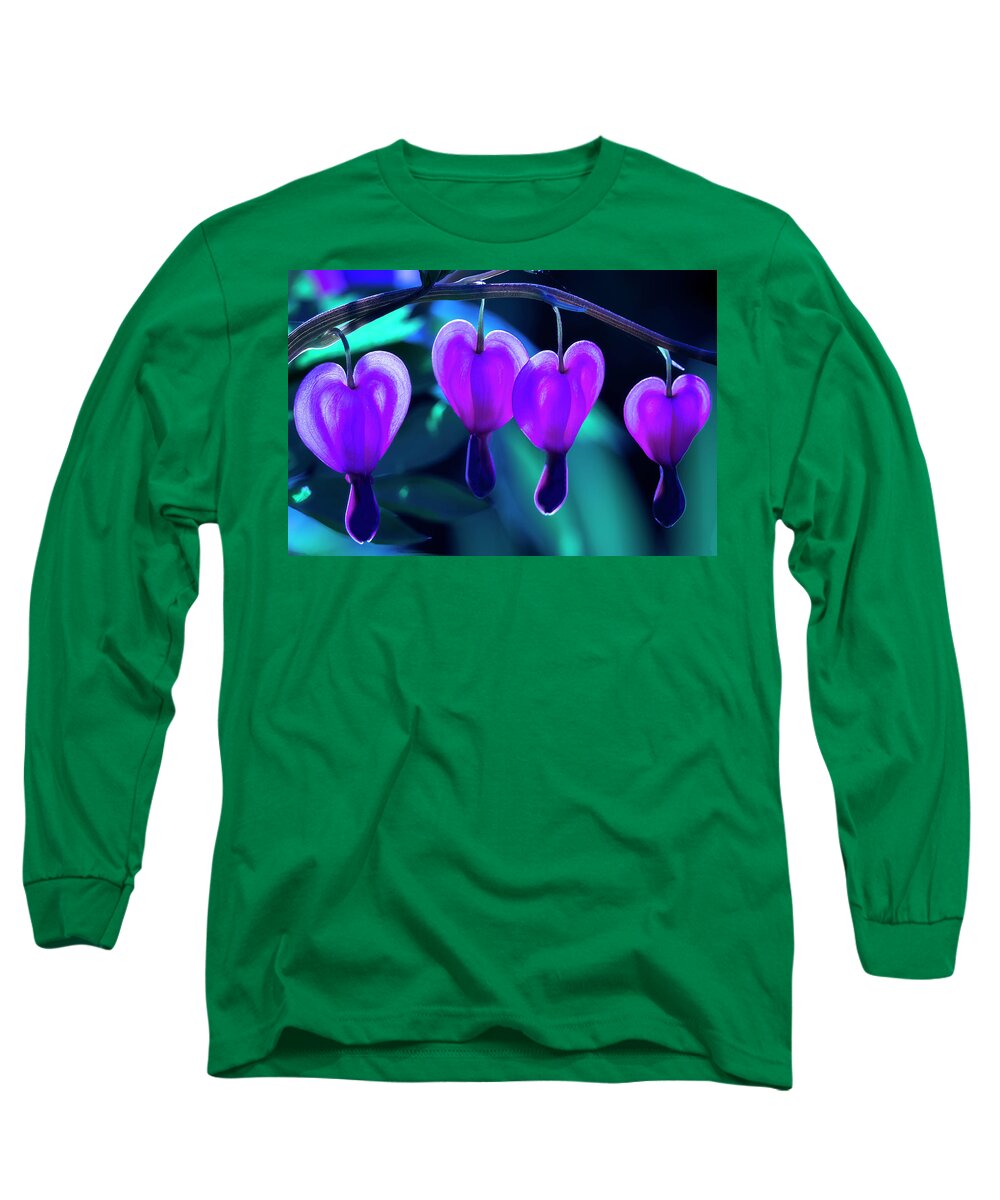 Bleeding Long Sleeve T-Shirt featuring the photograph Bleeding Hearts in Moon Light by Skip Tribby