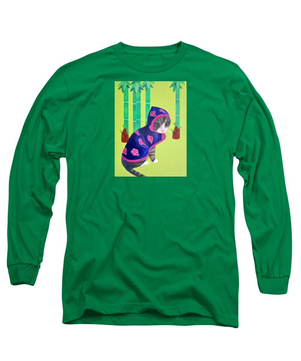 Cat And Bamboo Trees Long Sleeve T-Shirt featuring the painting Cat and Bamboo Trees by Kazumi Whitemoon