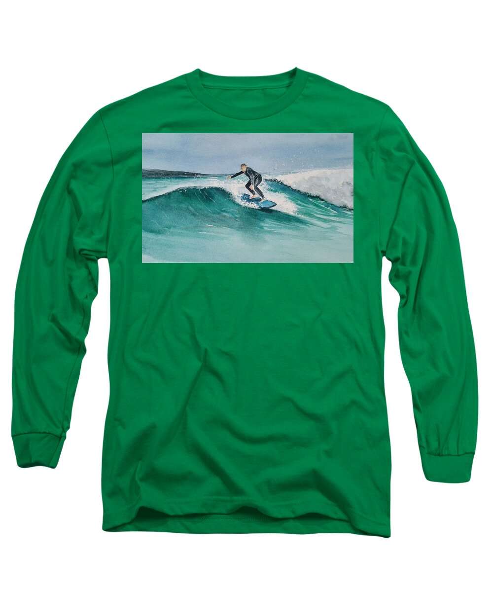 Surfer Long Sleeve T-Shirt featuring the painting Coastal Surfer by Sandie Croft