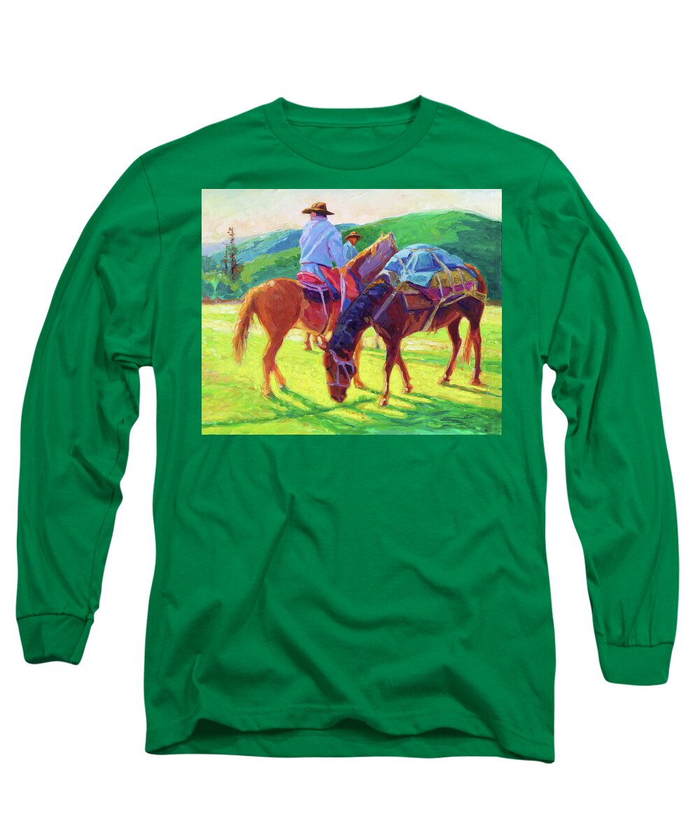 Cowboys Long Sleeve T-Shirt featuring the painting Cowboys waiting at Sunrise by Thomas Bertram POOLE