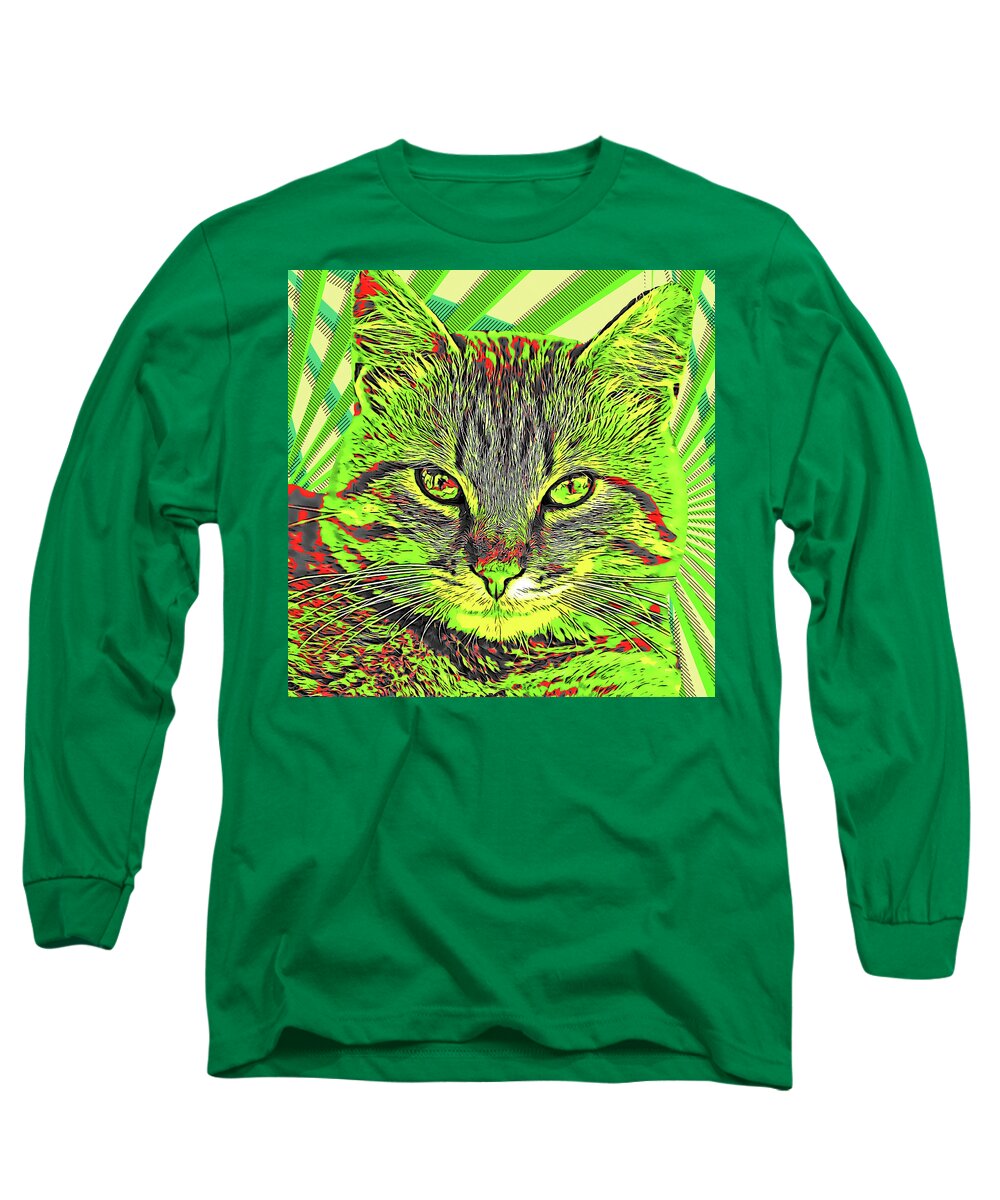 Green Long Sleeve T-Shirt featuring the painting Ginger Cat - Modern Pop Color by Custom Pet Portrait Art Studio
