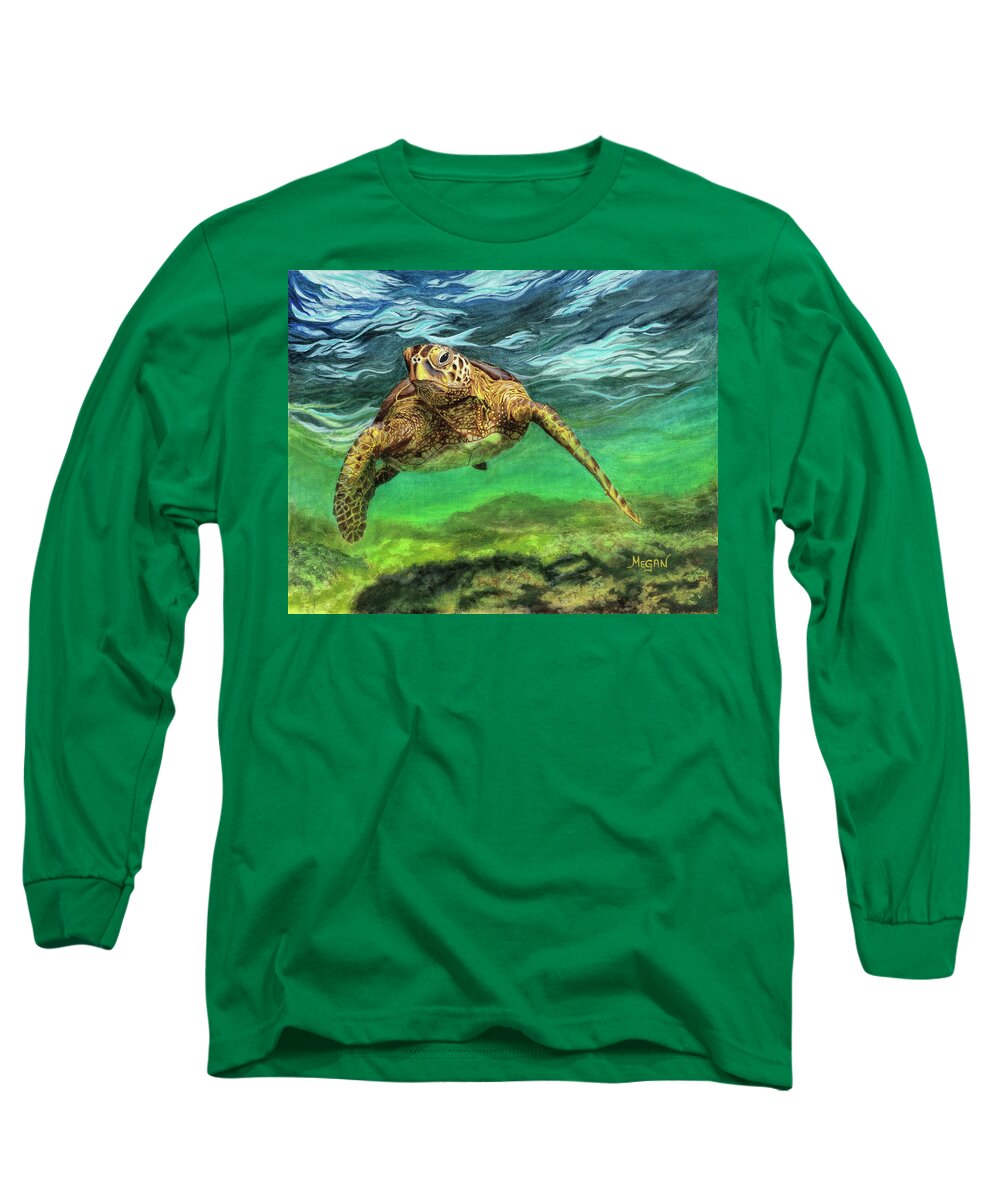 Hawkbill Turtle Long Sleeve T-Shirt featuring the painting Scout by Megan Collins