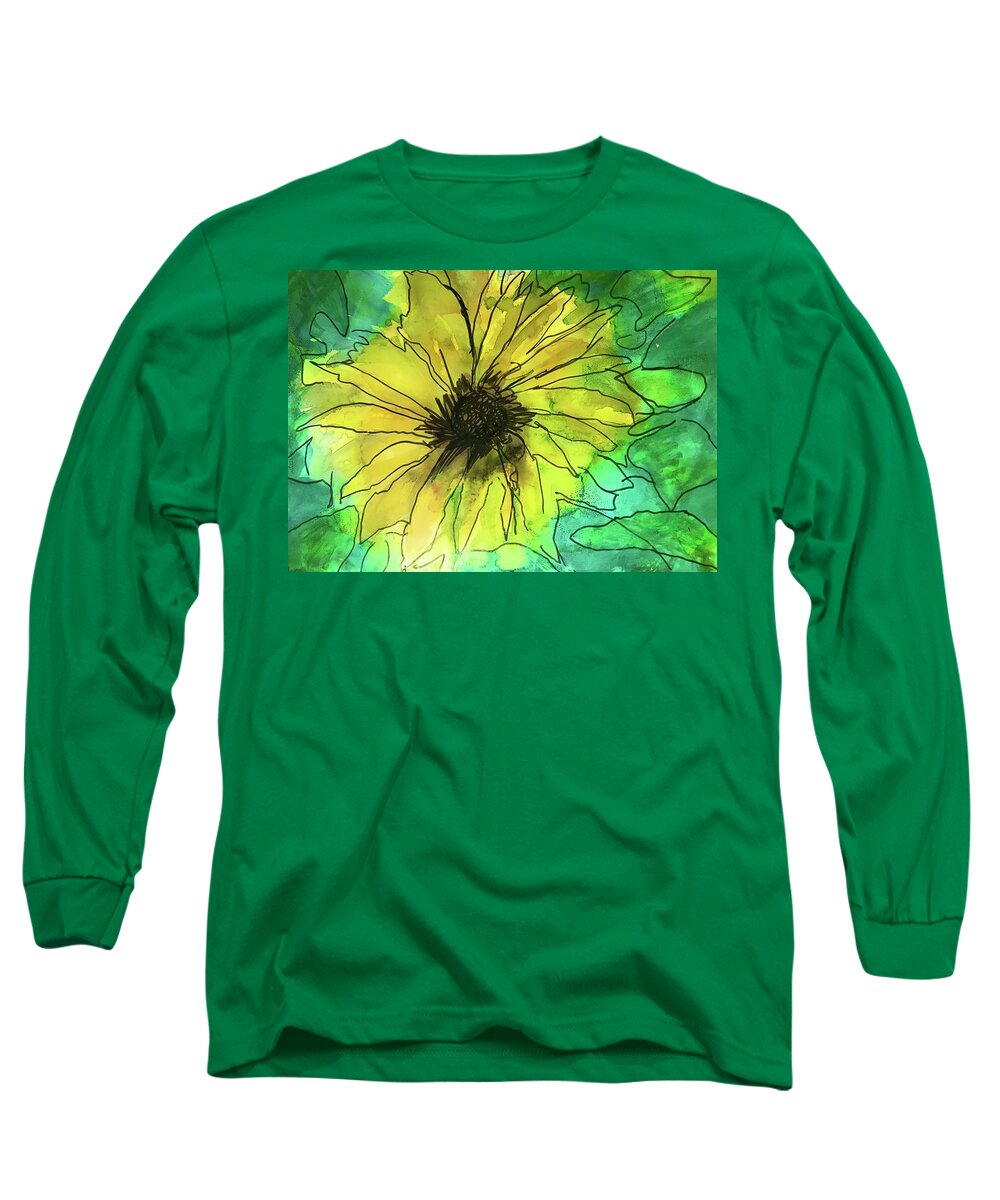 Sunflower Long Sleeve T-Shirt featuring the painting Sunflower in Alcohol Ink by Eileen Backman