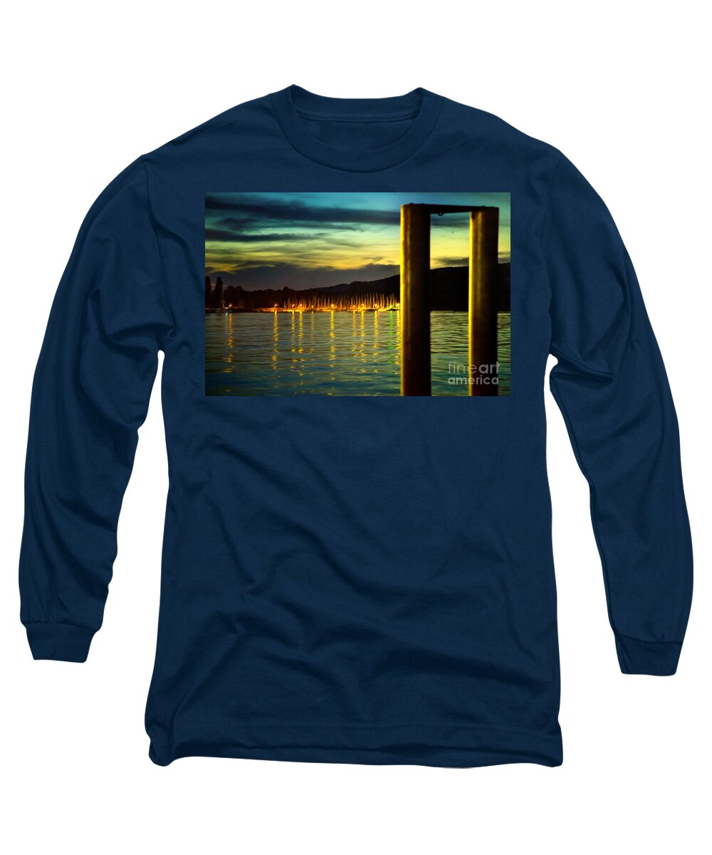 Art Long Sleeve T-Shirt featuring the photograph nightscene at the Lake Constance in Germany #1 by Gina Koch