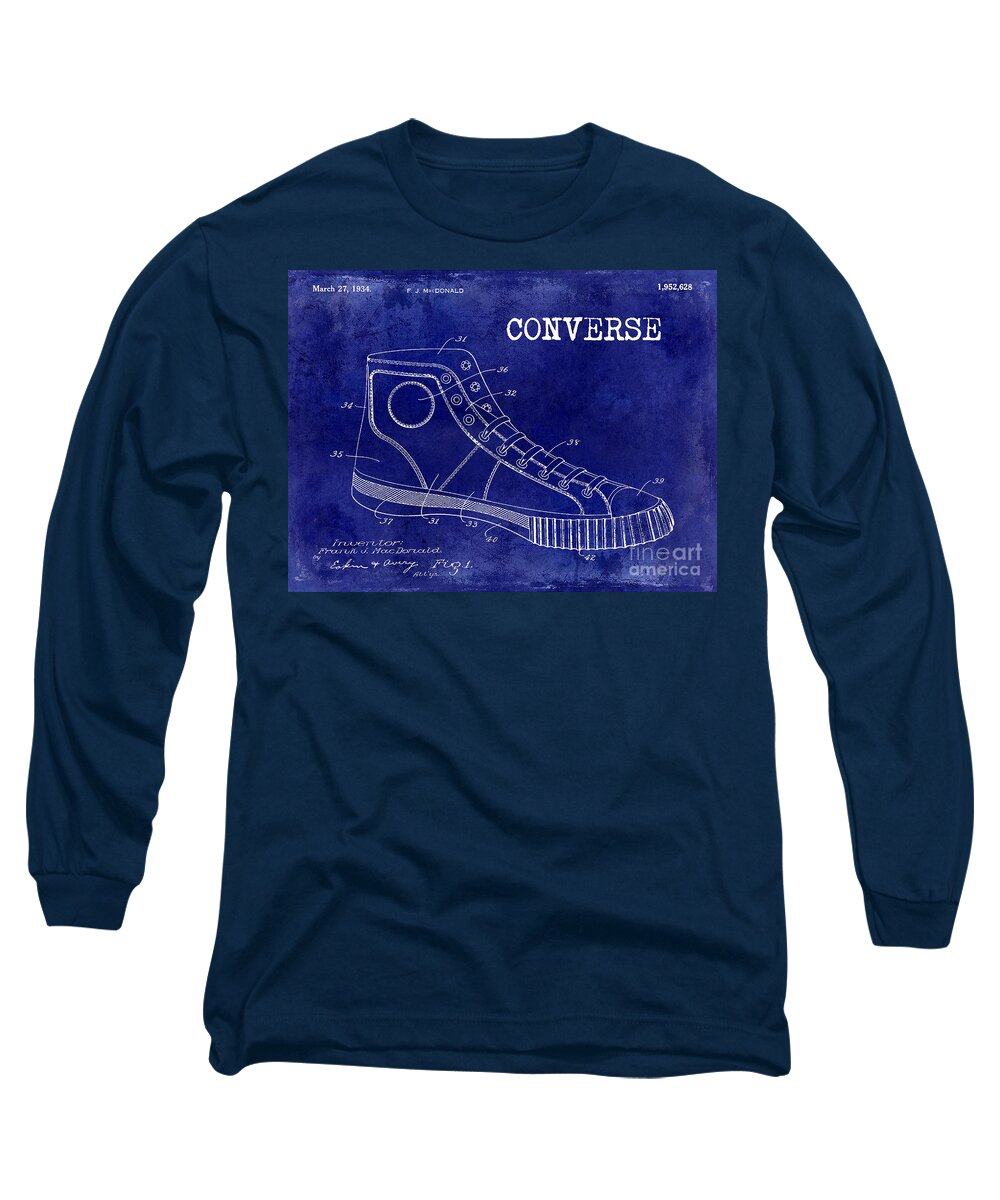 Patent Drawing Long Sleeve T-Shirt featuring the photograph 1934 Converse Shoe Patent Drawing Blue by Jon Neidert