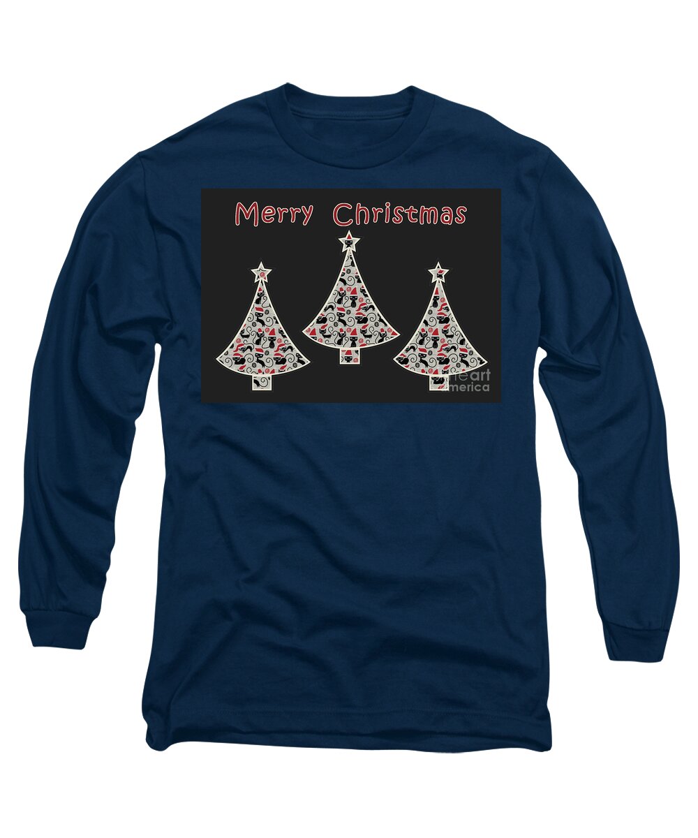 Trees Long Sleeve T-Shirt featuring the digital art 3 Trees Santa Cat - Black Christmas Greeting Card by Aimelle Ml
