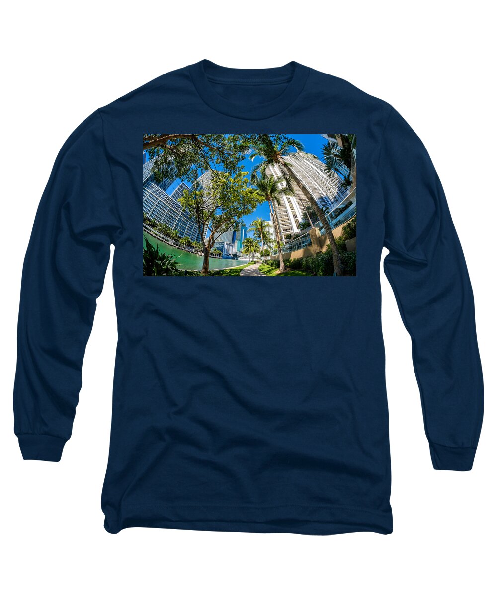 Architecture Long Sleeve T-Shirt featuring the photograph Downtown Miami Brickell Fisheye by Raul Rodriguez