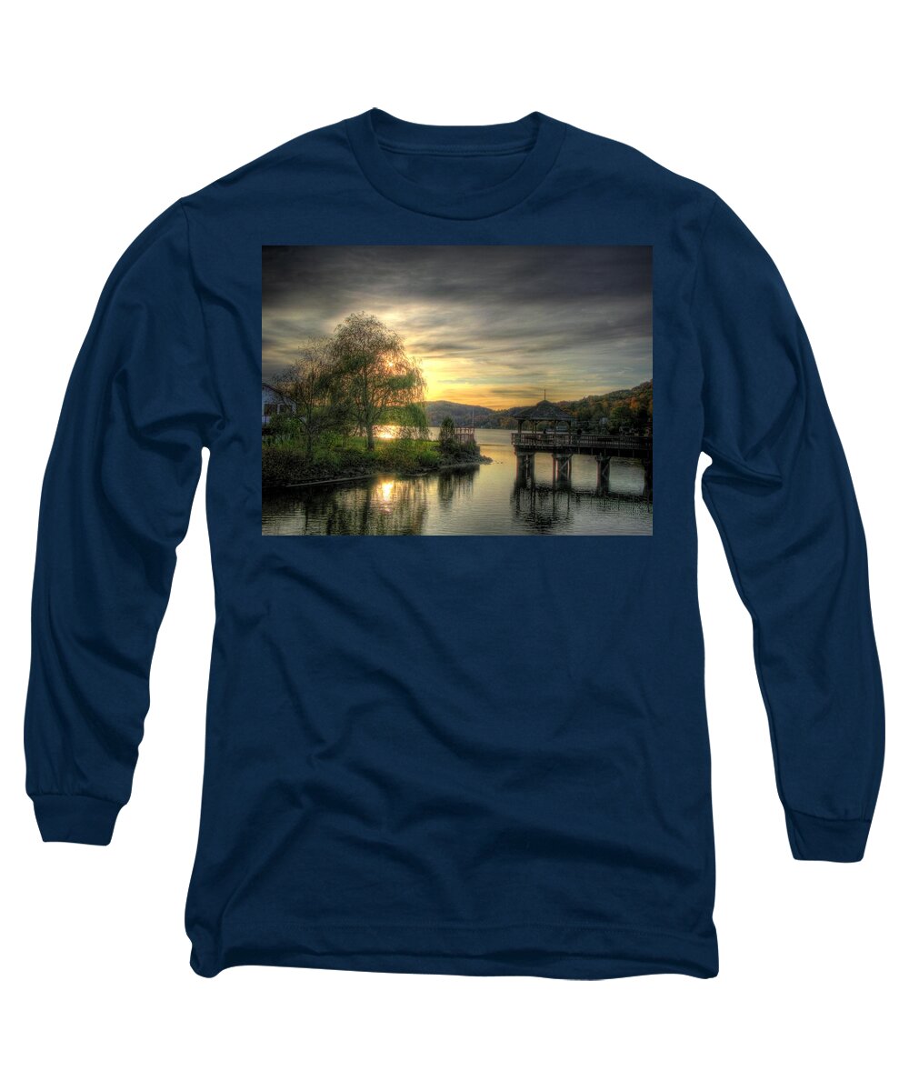 Photography Autumn Nature Sunset Landscape Water Serene Serenity Tranquil Tranquillity Relaxing Relaxation Outdoors Trees Pier Bridge Sun Reflection Sky Clouds North Hatley Quebec Canada Lake Massawippi Long Sleeve T-Shirt featuring the photograph Autumn Sunset by Nicola Nobile