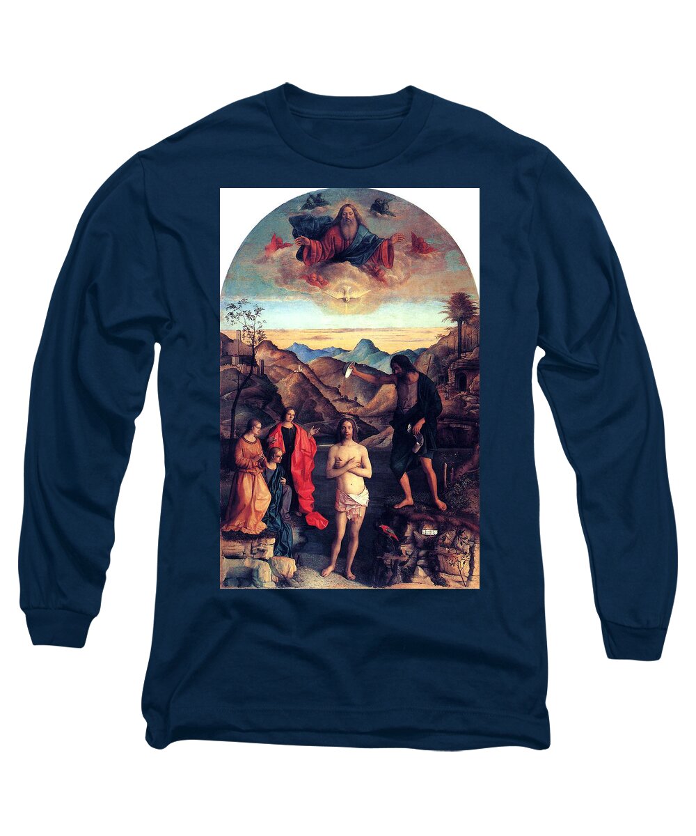 Baptism Of Christ Long Sleeve T-Shirt featuring the painting Baptism of Christ with Saint John 1502 Giovanni Bellini by Karon Melillo DeVega