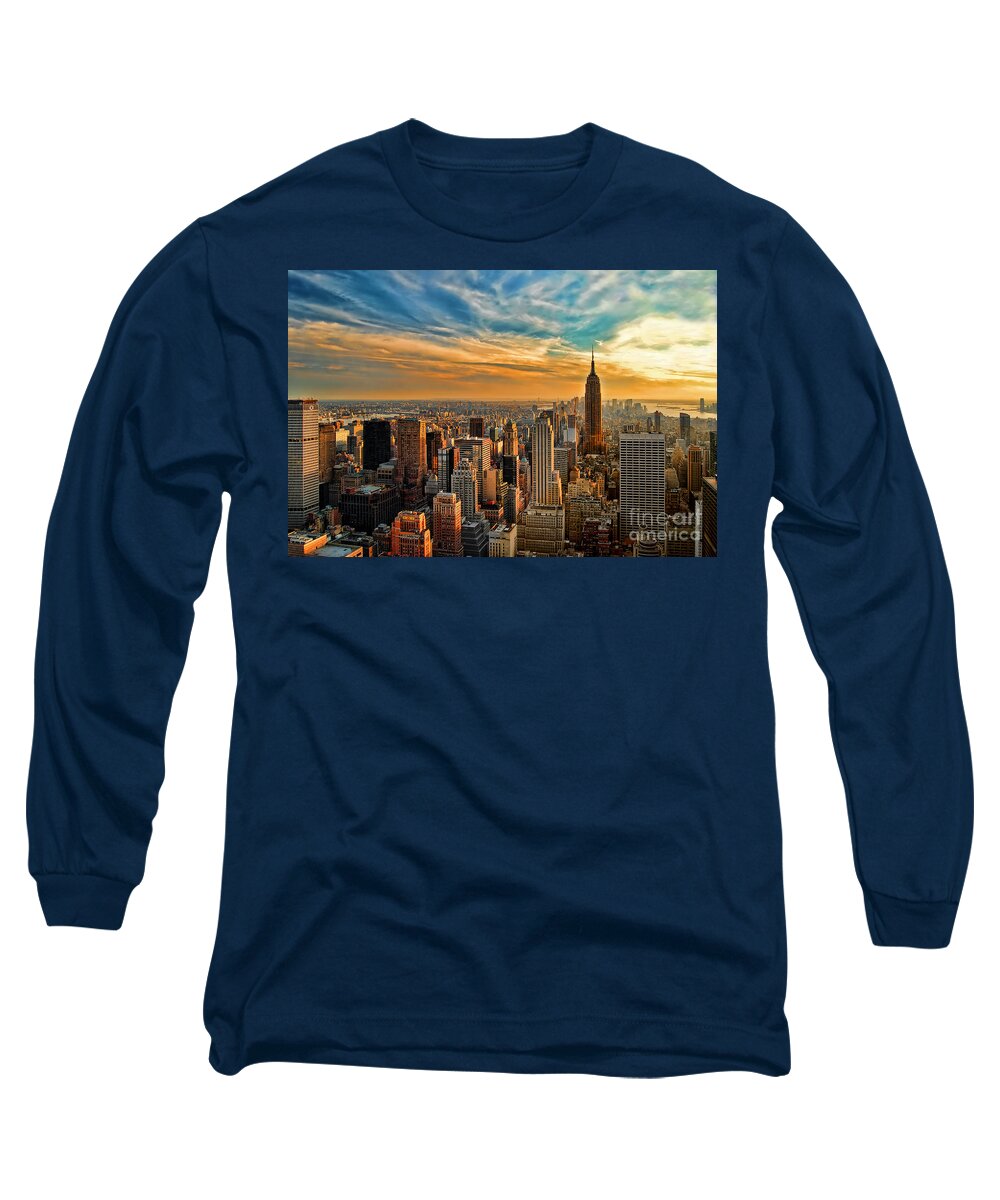 New York City Long Sleeve T-Shirt featuring the photograph City Sunset New York City USA by Sabine Jacobs