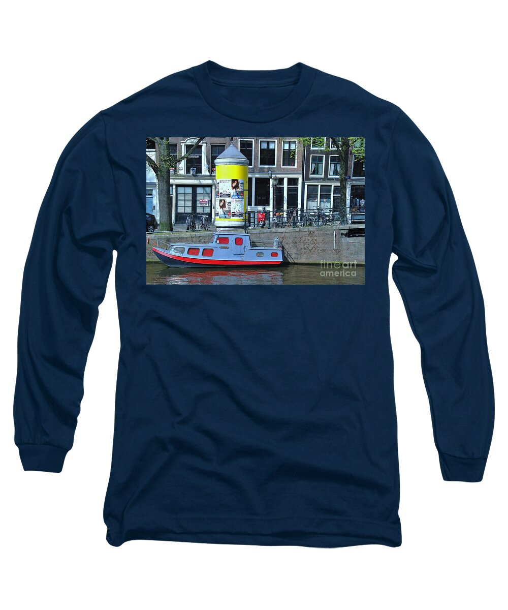 Amsterdam Canal Traffic Long Sleeve T-Shirt featuring the photograph Docked in Amsterdam by Allen Beatty