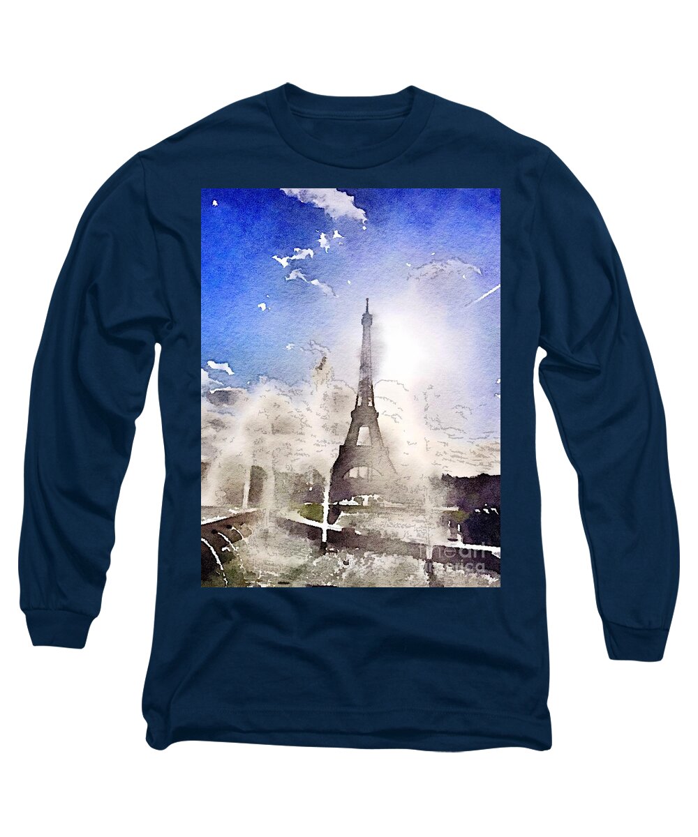 Eiffel Tower Long Sleeve T-Shirt featuring the painting Eiffel during summer by HELGE Art Gallery