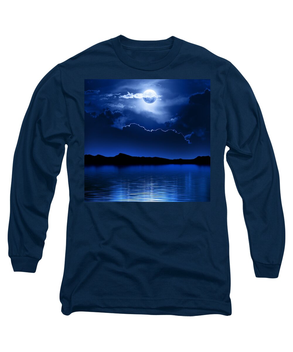 Moon Long Sleeve T-Shirt featuring the photograph Fantasy Moon and Clouds over water by Johan Swanepoel