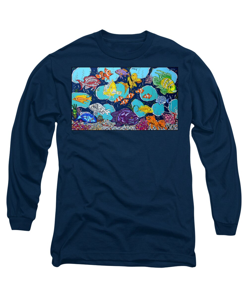 Fish Long Sleeve T-Shirt featuring the painting Fish Lines by Mike Stanko