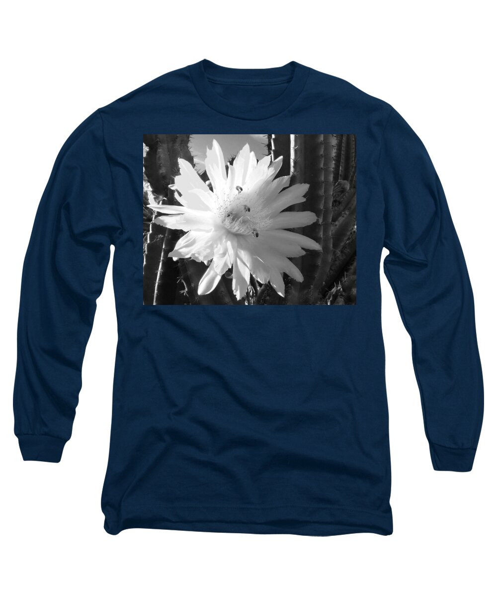 Cactus Long Sleeve T-Shirt featuring the photograph Flowering Cactus 5 BW by Mariusz Kula