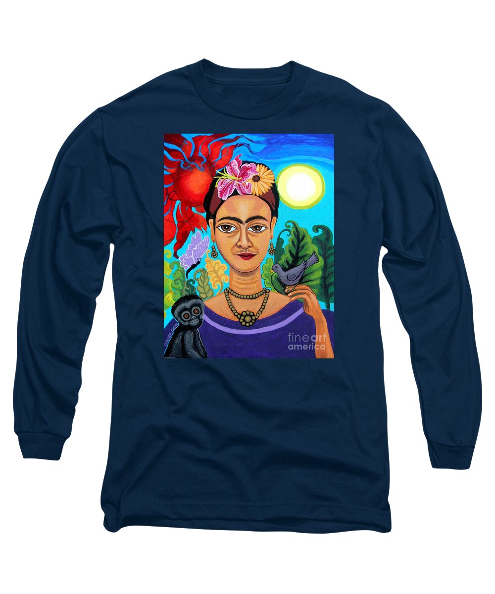 Fridakahlo Long Sleeve T-Shirt featuring the painting Frida Kahlo With Monkey and Bird by Genevieve Esson