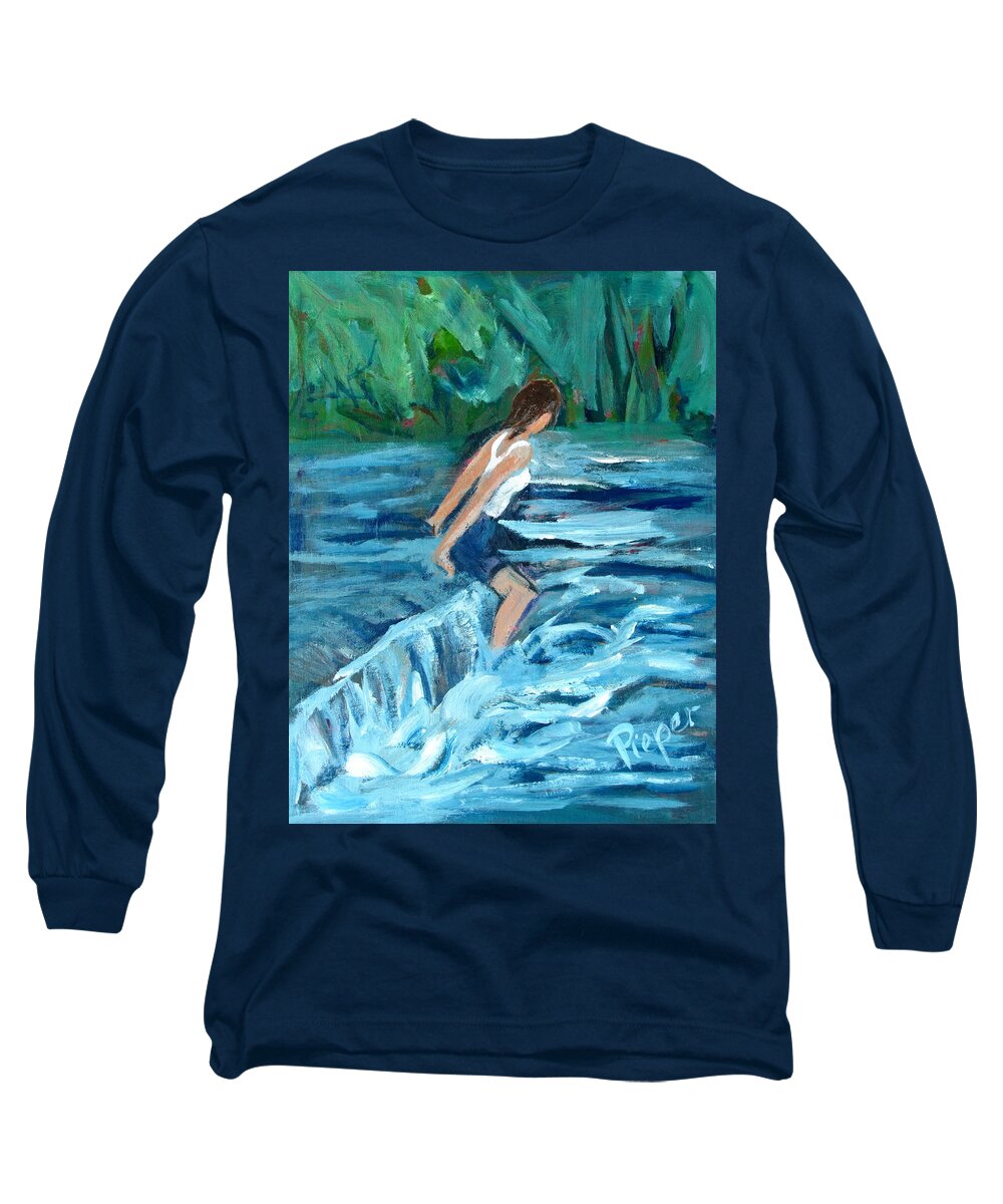 Girl With Camisole Top In Water Long Sleeve T-Shirt featuring the painting Girl Bathing in River Rapids by Betty Pieper
