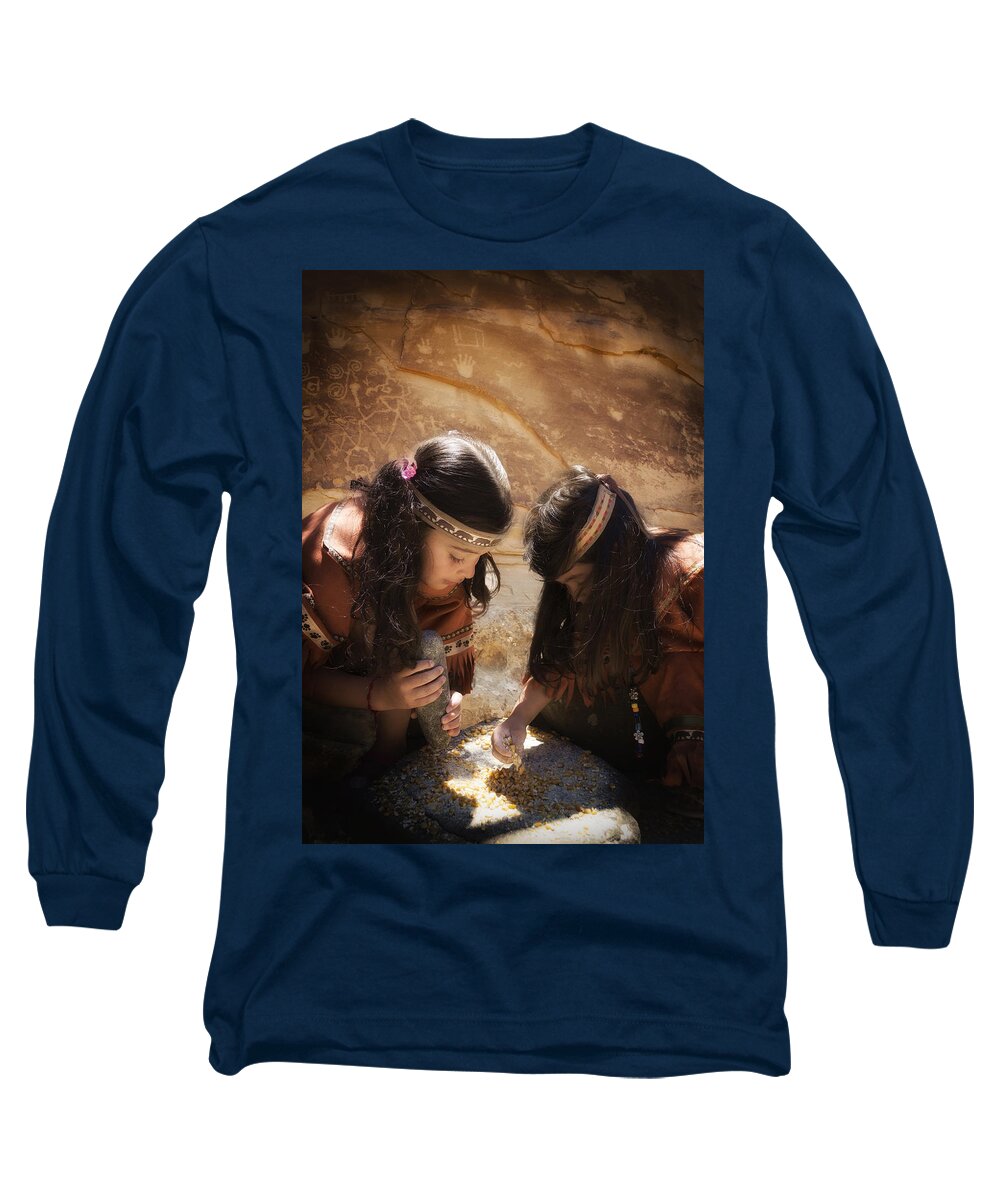 Ancient Long Sleeve T-Shirt featuring the photograph Grinding Corn by Betty Depee