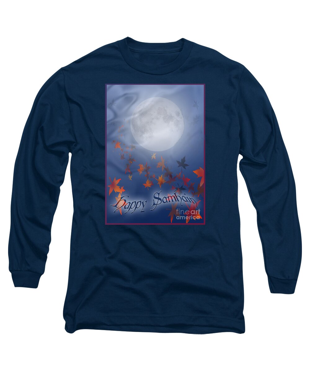 Autumn Long Sleeve T-Shirt featuring the digital art Happy Samhain Moon and Veil by Melissa A Benson