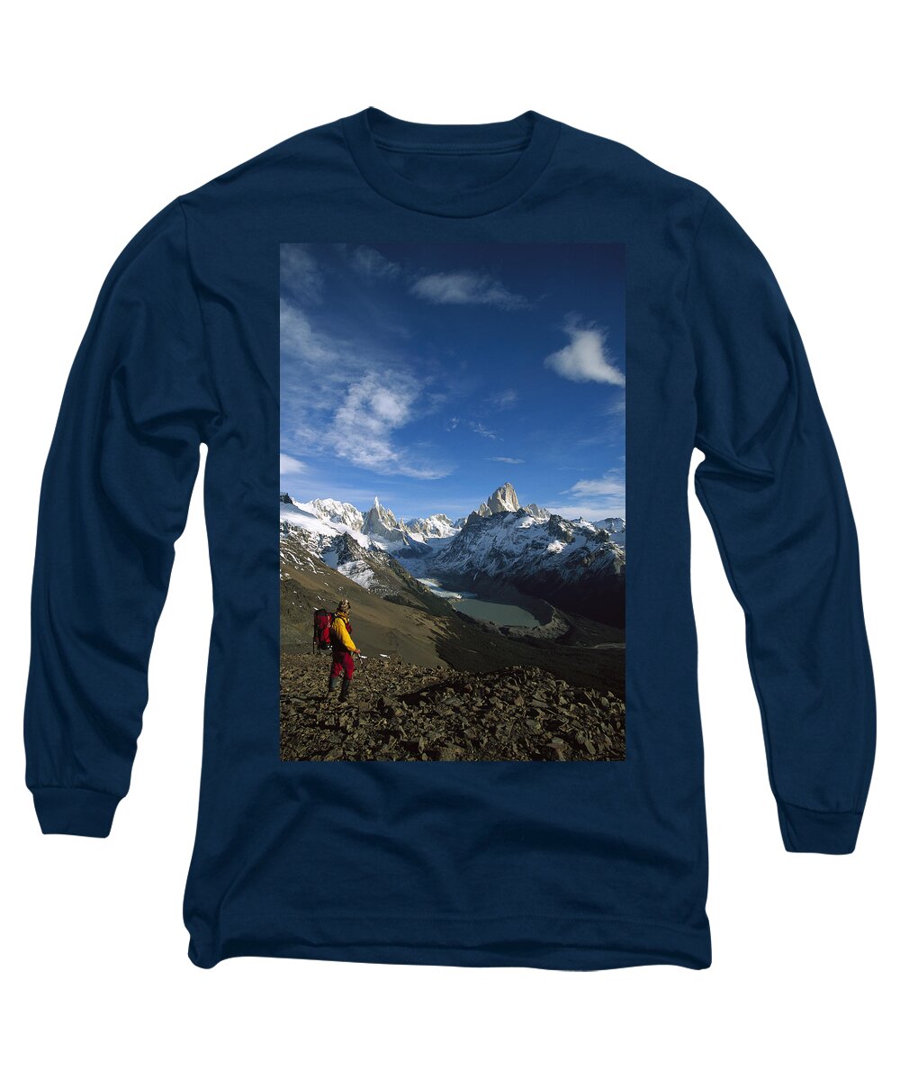 Feb0514 Long Sleeve T-Shirt featuring the photograph Hiker Admiring Cerro Torre And Fitzroy by Colin Monteath