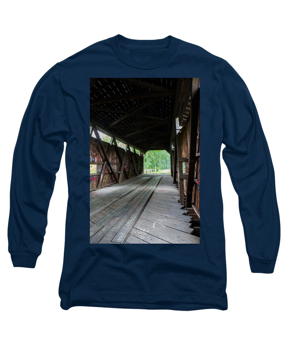Covered Long Sleeve T-Shirt featuring the photograph Kidd's Mill Covered Bridge by Weir Here And There